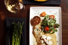 Sole Francese (bottom right), with Roasted Asparagus ( bottom left) and Jalapeno Bacon Mac & Cheese (upper right) at Del Frisco's Grille in Uptown Dallas, TX. Photographed on January 17, 2012. ( Kye R. Lee / The Dallas Morning News )