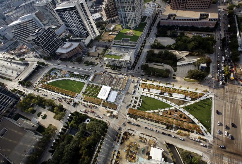 Overall view of Klyde Warren Park and downtown and Uptown, as seen from Museum Tower in Dallas, TX on October 23, 2012. The trees at far left are the Nasher Sculpture Center garden. (Kye R. Lee/The Dallas Morning News)