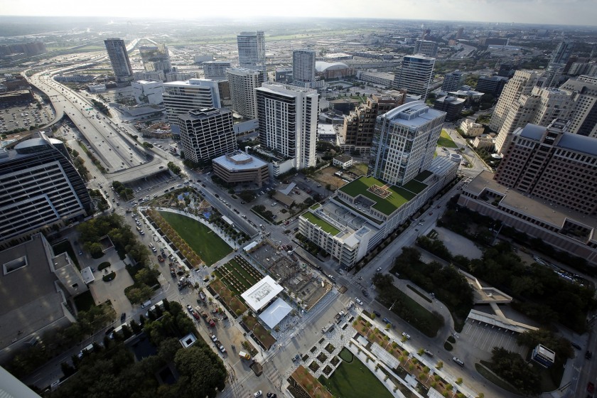 Overall view of Klyde Warren Park and downtown and Uptown, as seen from Museum Tower in Dallas, TX on October 23, 2012. The trees at far left are the Nasher Sculpture Center garden. (Kye R. Lee/The Dallas Morning News)